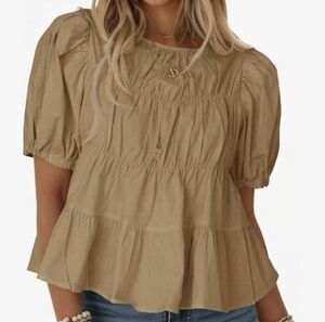 Tankaneo Womens Puff Sleeve Peplum Babydoll Top Size Large